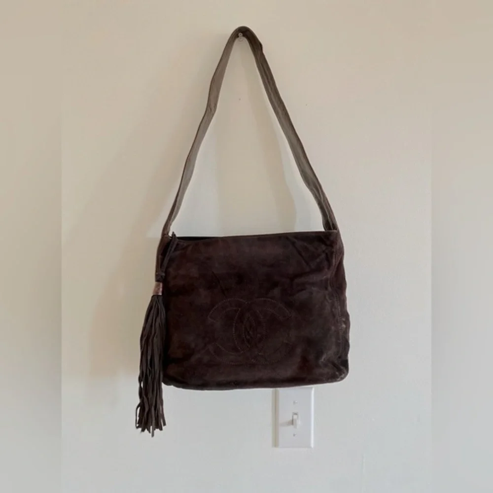 CHANEL Suede Chocolate Brown CC Logo Tassel Shoulder Bag